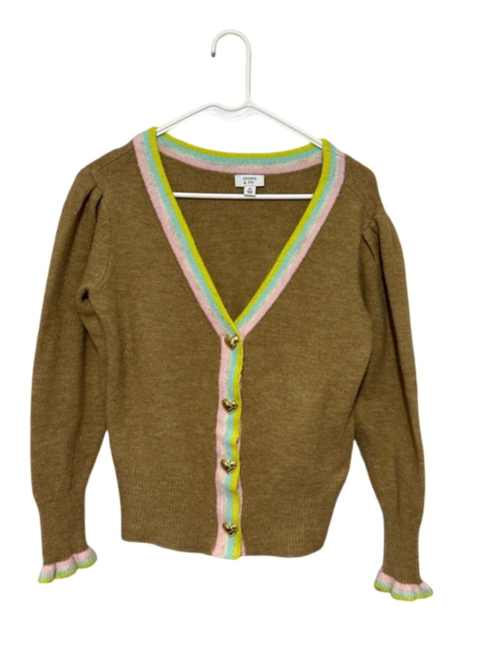 Crown and Ivy Brown Rainbow Stripe Heart Button Cardigan Size Medium